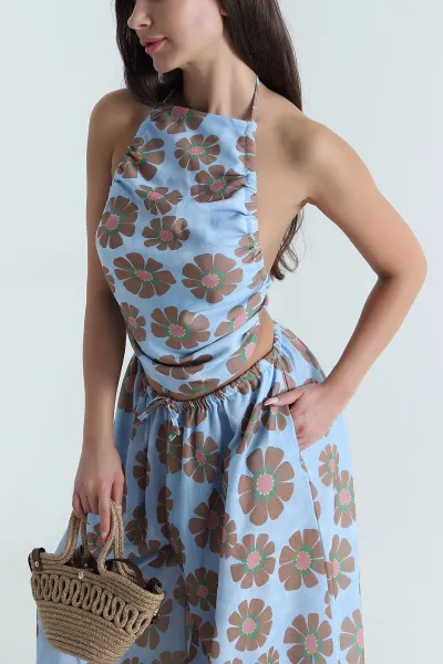 Bebe Mavisi Flam Pamuk Keten Büzgülü Halter Top Pantolon Takımı 468700