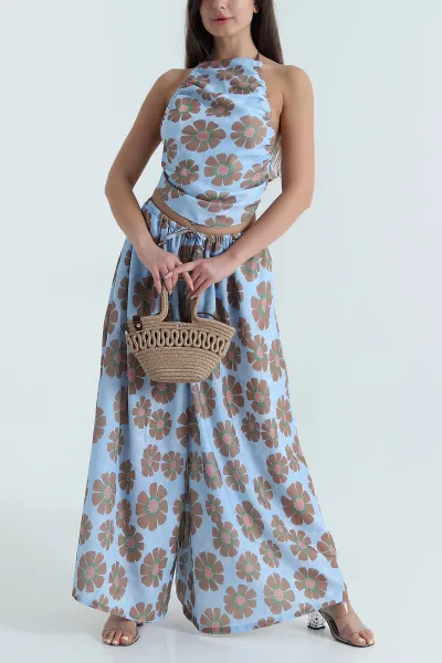 Bebe Mavisi Flam Pamuk Keten Büzgülü Halter Top Pantolon Takımı 468700