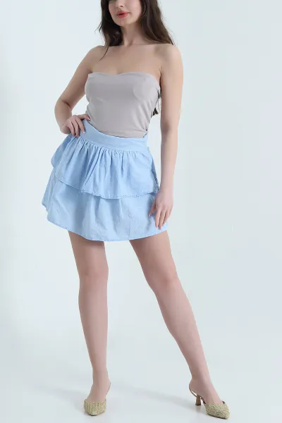 Bebe Mavisi Flamlı Keten Katlı Kadın Etek 454952