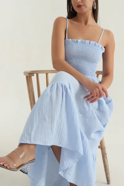 Bebe Mavisi Gipeli İp Askılı Keten Kadın Elbise 378237