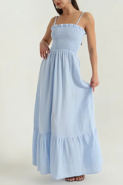 Bebe Mavisi Gipeli İp Askılı Keten Kadın Elbise 378237