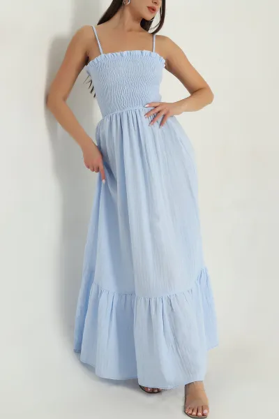 Bebe Mavisi Gipeli İp Askılı Keten Kadın Elbise 378237