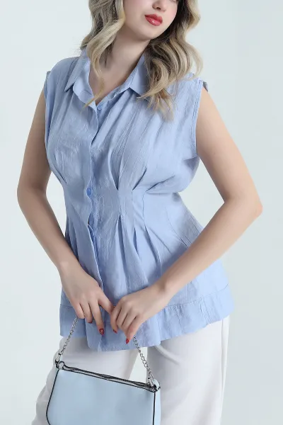 Bebe Mavisi Gizli Pat Pile Detay Kraş Kadın Gömlek 473284