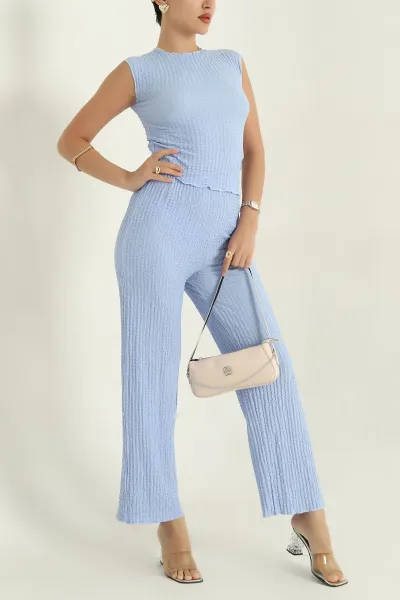 Bebe Mavisi Gofre Kumaş Kolsuz Kadın İkili Takım 372534