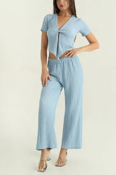 Bebe Mavisi Gofre Likralı Kadın İkili Takım 369559