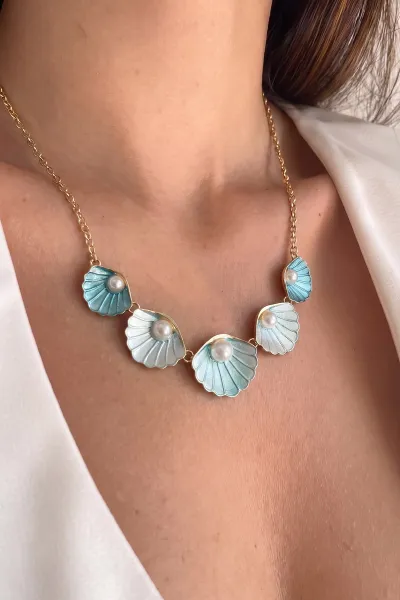 Bebe Mavisi Gold Deniz Kabuğu Ortası İncili Kalın Zincir Kolye 478041
