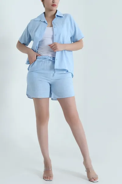 Bebe Mavisi Gömlek Şort Keten Kadın İkili Takım 470553