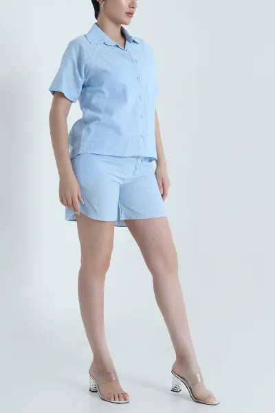 Bebe Mavisi Gömlek Şort Keten Kadın İkili Takım 470553