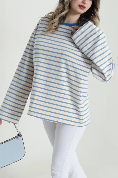 Bebe Mavisi İki İp Çizgili Kadın Sweat 490510