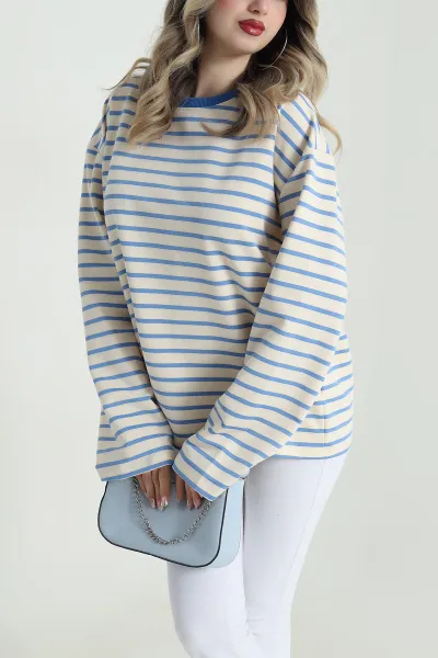 Bebe Mavisi İki İp Çizgili Kadın Sweat 490510