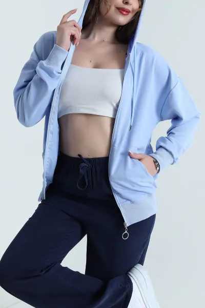 Bebe Mavisi İki İplik Kapşonlu Kadın Hırka 481493