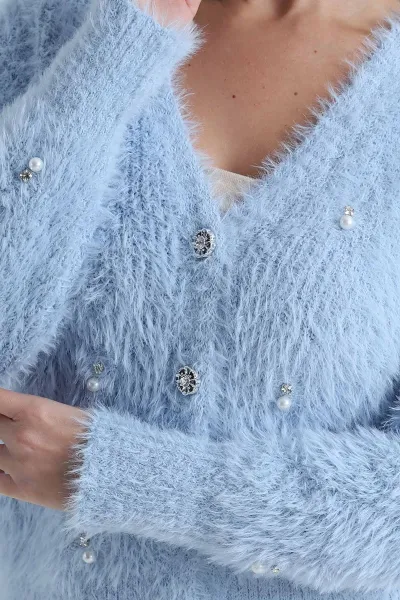 Bebe Mavisi İncili Tasarım Sakallı Triko Kadın Hırka 495442