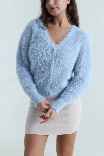 Bebe Mavisi İncili Tasarım Sakallı Triko Kadın Hırka 495442