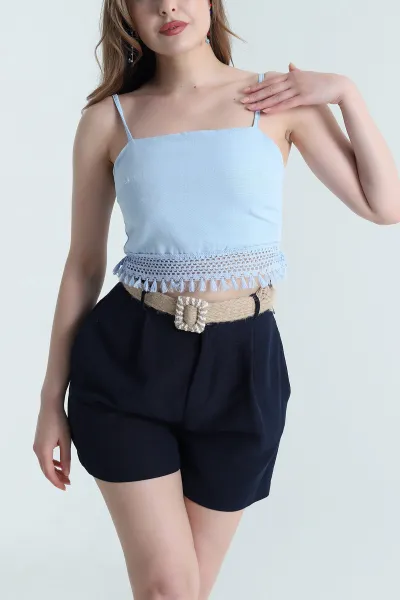 Bebe Mavisi İp Askılı Keten Kadın Crop 469437