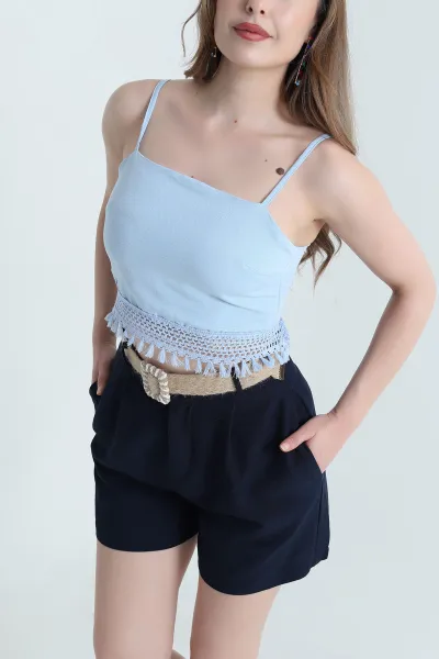 Bebe Mavisi İp Askılı Keten Kadın Crop 469437