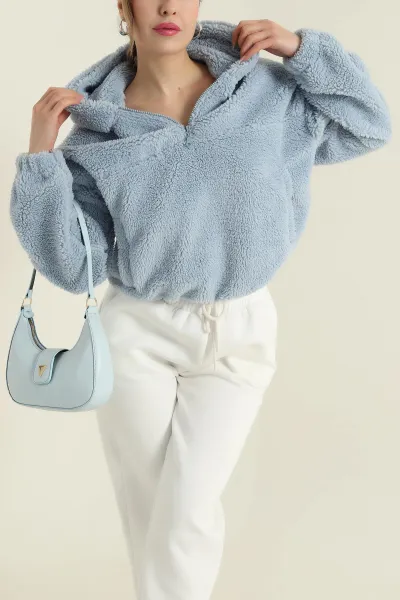 Bebe Mavisi Kapüşonlu Kuzu Yumoş Kadın Sweat 419535