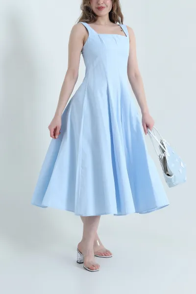 Bebe Mavisi Kare Yaka Poplin Kadın Elbise 451074