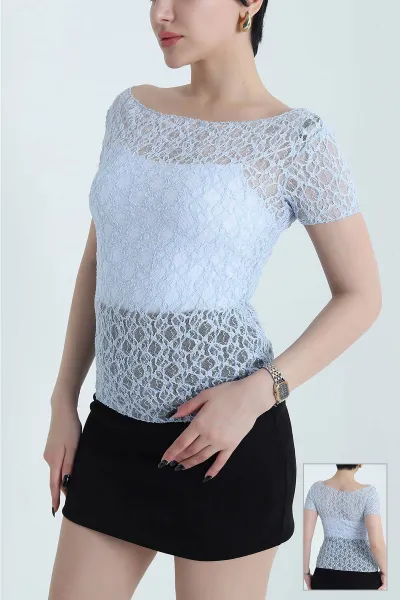 Bebe Mavisi Kayık Yaka Dantelli Tül Kadın Bluz 454025