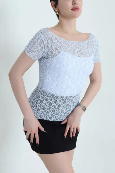Bebe Mavisi Kayık Yaka Dantelli Tül Kadın Bluz 454025