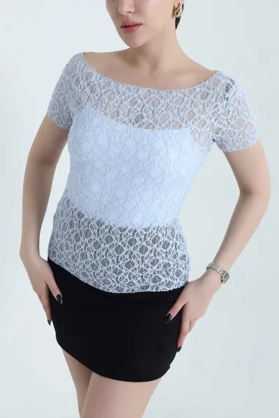 Bebe Mavisi Kayık Yaka Dantelli Tül Kadın Bluz 454025
