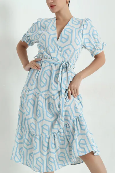 Bebe Mavisi Kemerli Desenli Keten Kadın Elbise 367914