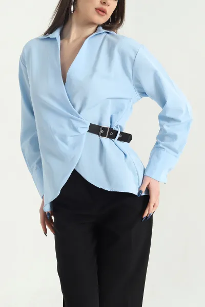Bebe Mavisi Kendinden Kemerli Poplin Bluz 342853