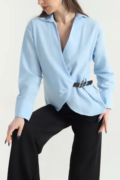 Bebe Mavisi Kendinden Kemerli Poplin Bluz 342853
