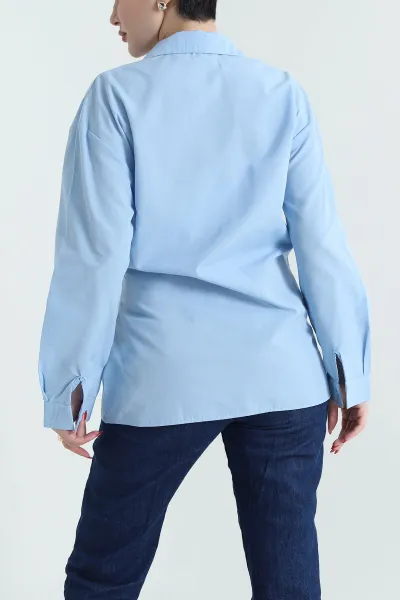 Bebe Mavisi Kendinden Kemerli Poplin Kadın Gömlek 434695