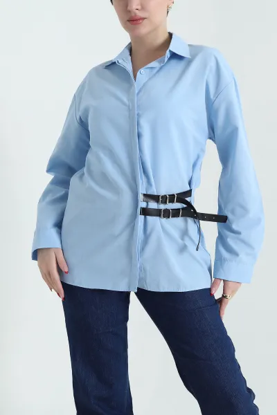 Bebe Mavisi Kendinden Kemerli Poplin Kadın Gömlek 434695