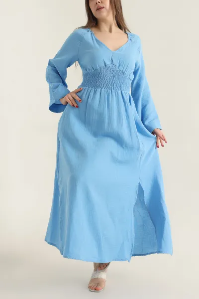 Bebe Mavisi Keten Beli Lastikli Elbise 337023