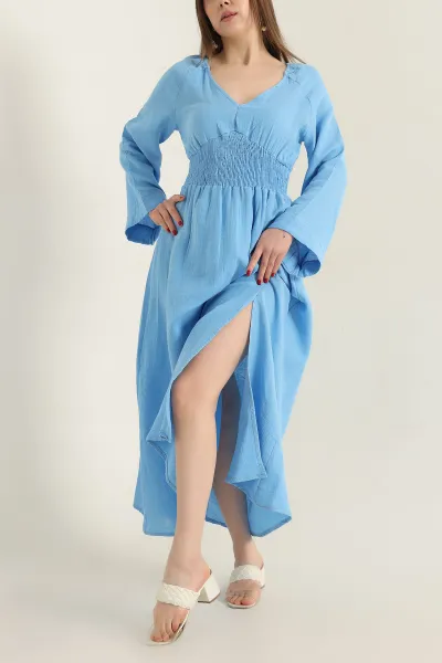 Bebe Mavisi Keten Beli Lastikli Elbise 337023