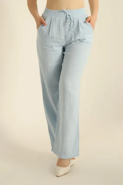 Bebe Mavisi Müslin Keten Beli Lastikli Palazzo Pantolon 278431