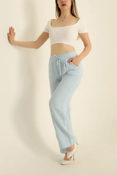 Bebe Mavisi Müslin Keten Beli Lastikli Palazzo Pantolon 278431