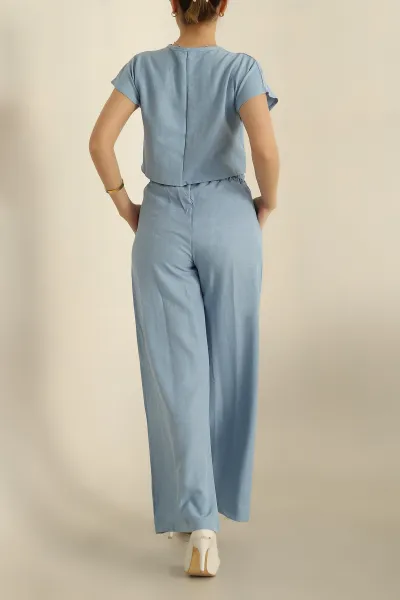 Bebe Mavisi Keten Büzgülü Bluz Pantolon Takım 259939