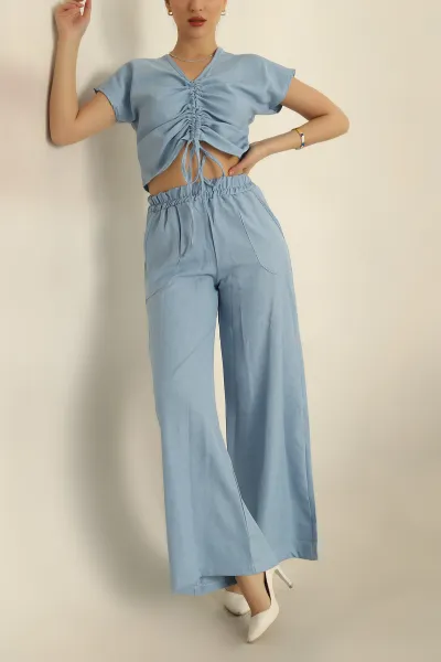 Bebe Mavisi Keten Büzgülü Bluz Pantolon Takım 259939
