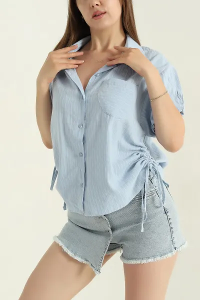 Bebe Mavisi Keten Büzmeli Balon Kol Kadın Gömlek 369026
