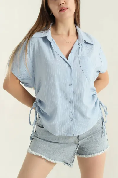 Bebe Mavisi Keten Büzmeli Balon Kol Kadın Gömlek 369026