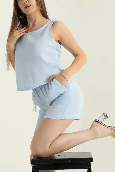 Bebe Mavisi Keten Kumaş Şortu Kadın İkili Takım 368213