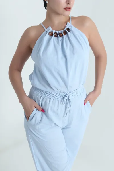 Bebe Mavisi Keten Pantolon Bluz Kadın İkili Takım 478081