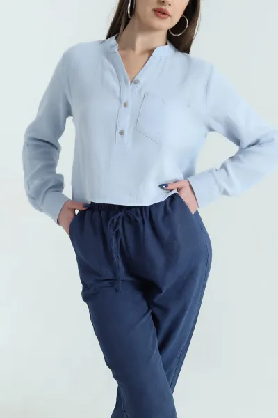Bebe Mavisi Keten Tek Cep Bayan Gömlek 336912