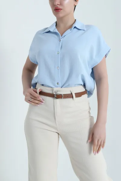Bebe Mavisi Kolsuz Keten Kadın Gömlek 462339