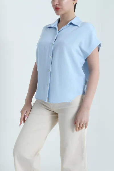 Bebe Mavisi Kolsuz Keten Kadın Gömlek 462339