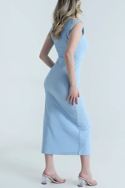 Bebe Mavisi Kolsuz Likralı Yırtmaçlı Ottoman Kadın Elbise 458741