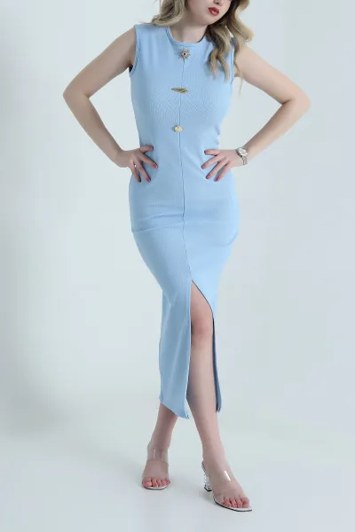 Bebe Mavisi Kolsuz Likralı Yırtmaçlı Ottoman Kadın Elbise 458741