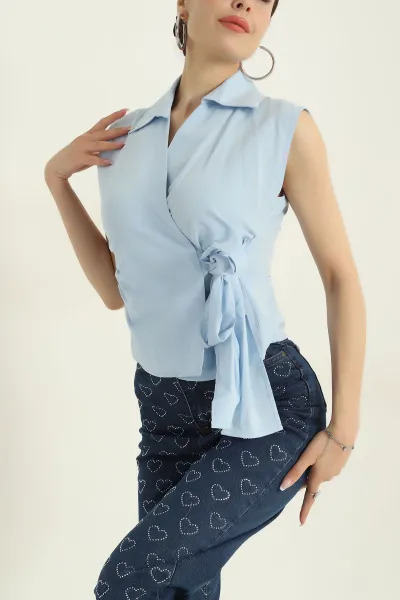 Bebe Mavisi Kolsuz Poplin Kadın Gömlek 372055