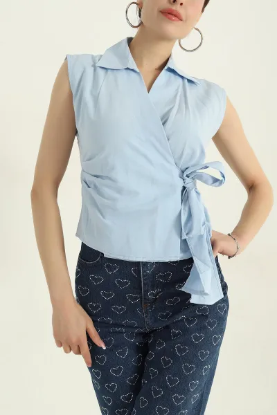 Bebe Mavisi Kolsuz Poplin Kadın Gömlek 372055