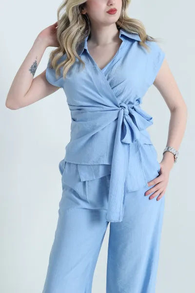 Bebe Mavisi Kraşlı Pantolon Bluz Kadın İkili Takım 455683