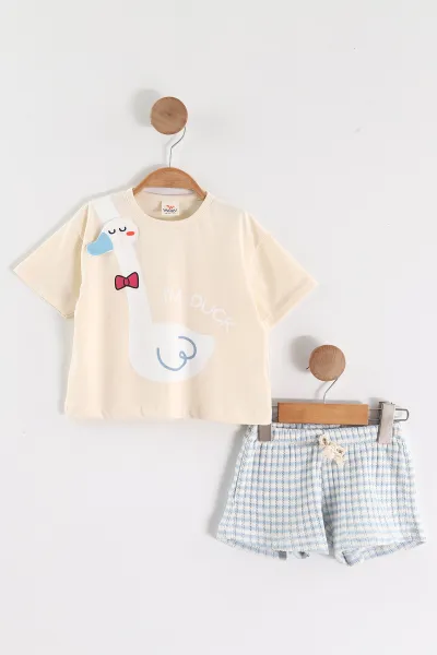 Bebe Mavisi Krem (1-4 Yaş)Duck Baskılı Şortlu Kız Çocuk Takım 464268