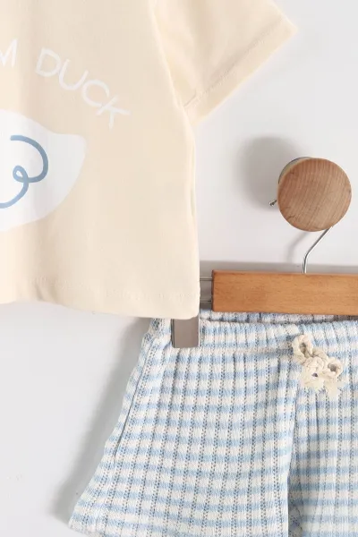 Bebe Mavisi Krem (1-4 Yaş)Duck Baskılı Şortlu Kız Çocuk Takım 464268