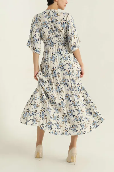 Bebe Mavisi Kruvaze Yaka Yırtmaçlı Dokuma Viskon Kadın Elbise 373943